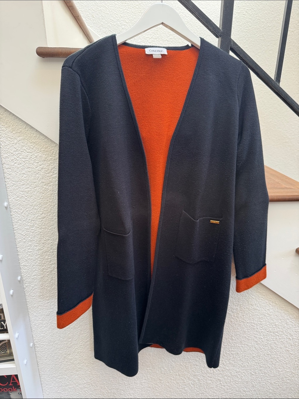 Calvin Klein Black Coat with Orange Reversible Trim
